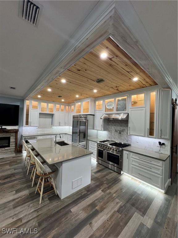 kitchen with stainless steel appliances, sink, wooden ceiling, white cabinets, and a large island