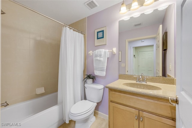 full bath with toilet, shower / bath combination with curtain, vanity, and visible vents