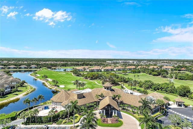 aerial view featuring a water view and a residential view