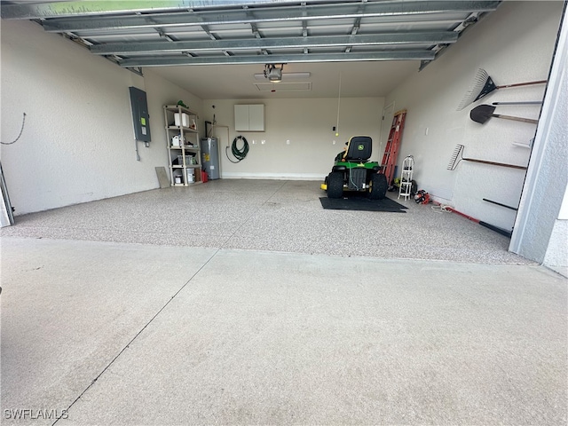 garage with electric water heater, a garage door opener, and electric panel