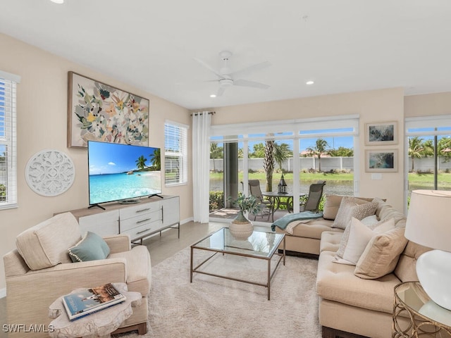 living room with ceiling fan