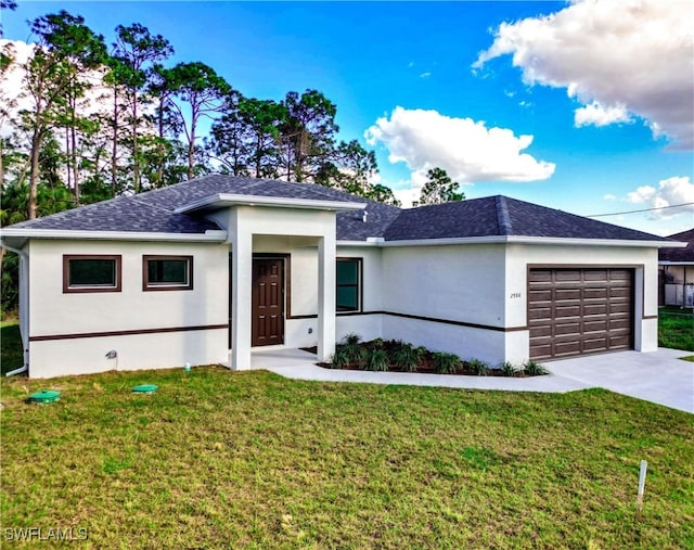 single story home with stucco siding, a shingled roof, a garage, driveway, and a front lawn