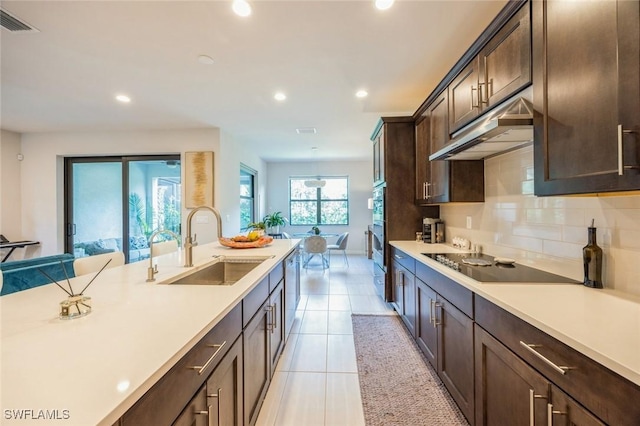 kitchen with under cabinet range hood, a sink, dark brown cabinetry, light countertops, and black electric stovetop