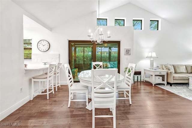 dining space featuring an inviting chandelier, plenty of natural light, and dark wood finished floors