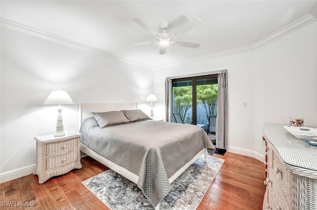 bedroom with a ceiling fan, baseboards, ornamental molding, light wood-style floors, and access to outside