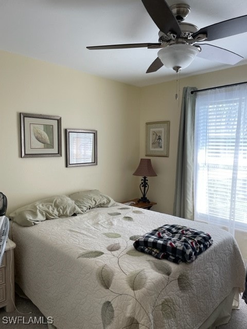 bedroom featuring carpet flooring and ceiling fan