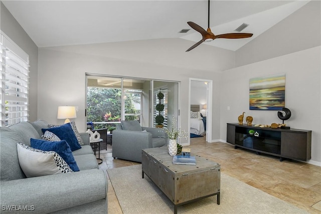 living room featuring lofted ceiling, visible vents, and baseboards