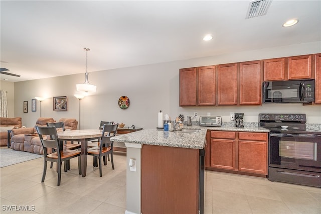 kitchen featuring black appliances, decorative light fixtures, kitchen peninsula, ceiling fan, and light stone countertops