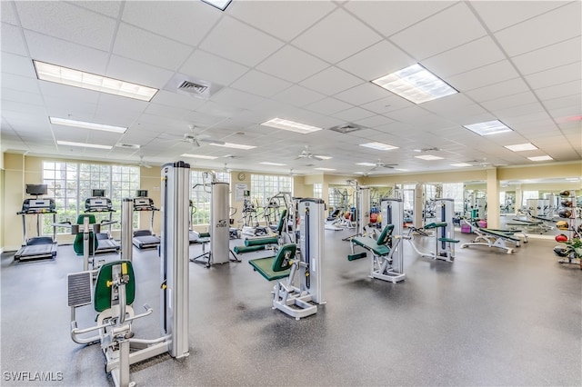 exercise room with a paneled ceiling