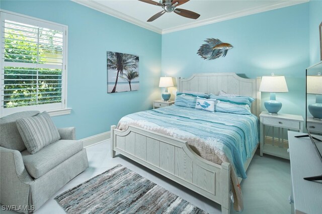 bedroom featuring ornamental molding and ceiling fan