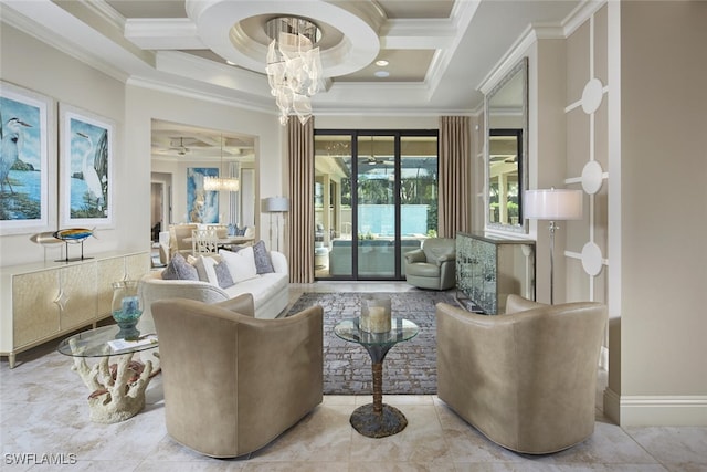 living room with beamed ceiling, coffered ceiling, an inviting chandelier, and crown molding