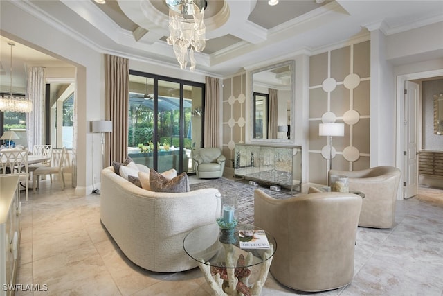 living room with crown molding, coffered ceiling, and an inviting chandelier