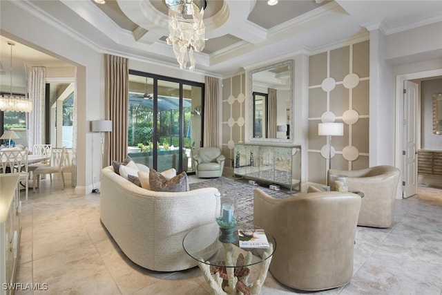 23778 Campla Ct, Estero, FL 34134 - interior space with a chandelier, coffered ceiling, and crown molding