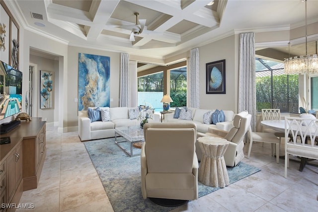 living room featuring ceiling fan with notable chandelier, crown molding, a wealth of natural light, and beamed ceiling