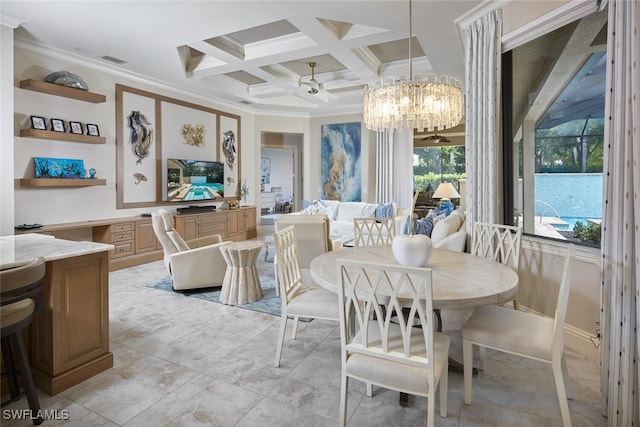 dining room featuring beamed ceiling, coffered ceiling, ceiling fan with notable chandelier, and crown molding