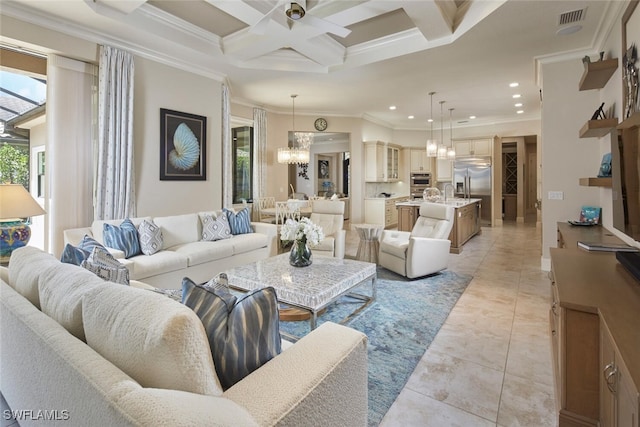 tiled living room featuring plenty of natural light, crown molding, coffered ceiling, and ceiling fan with notable chandelier