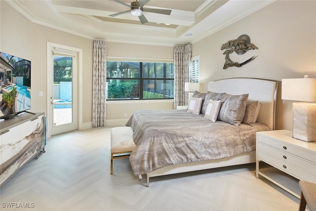 bedroom with light parquet floors, a tray ceiling, crown molding, access to exterior, and ceiling fan