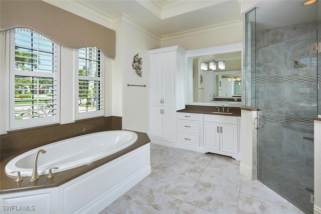 bathroom with crown molding, vanity, tile patterned floors, and plus walk in shower