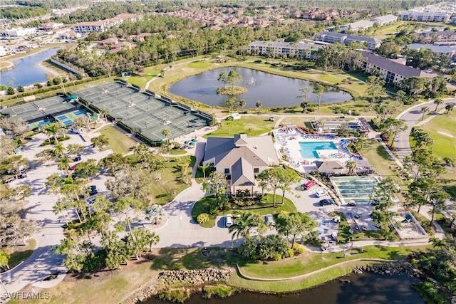 aerial view featuring a water view