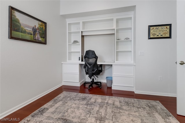 home office with dark wood-type flooring