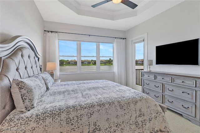 bedroom featuring carpet flooring, multiple windows, ceiling fan, and a raised ceiling