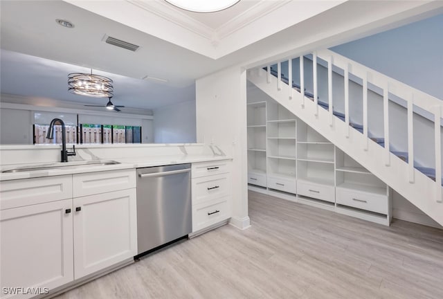 kitchen featuring a sink, visible vents, white cabinetry, stainless steel dishwasher, and crown molding