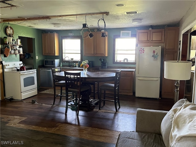 kitchen with white appliances, a wealth of natural light, dark hardwood / wood-style floors, and a textured ceiling