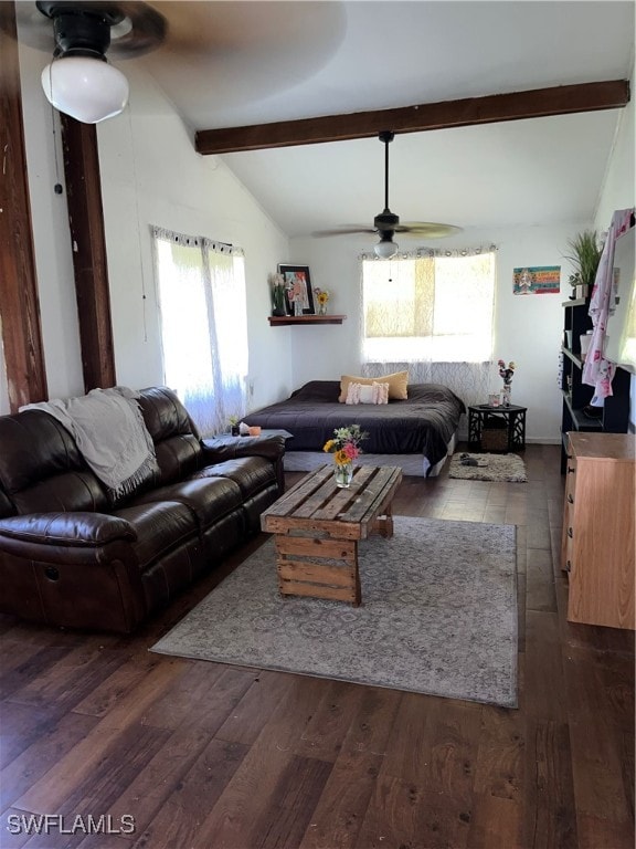 living room featuring dark wood-type flooring, ceiling fan, and lofted ceiling with beams