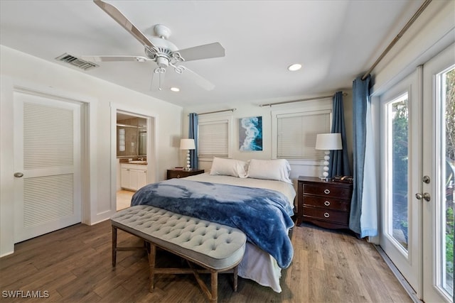 bedroom featuring ceiling fan, connected bathroom, access to exterior, and wood-type flooring