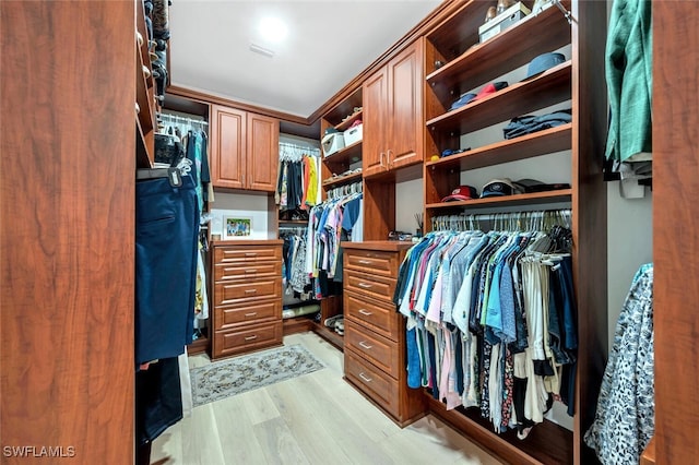 walk in closet with light hardwood / wood-style flooring