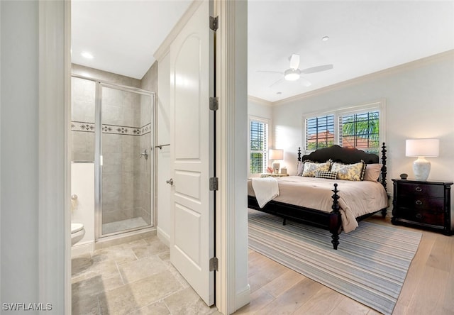 bedroom featuring connected bathroom, ceiling fan, ornamental molding, and light wood-type flooring