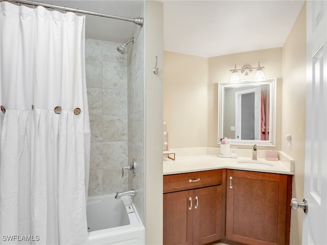 bathroom with vanity and shower / bath combo with shower curtain