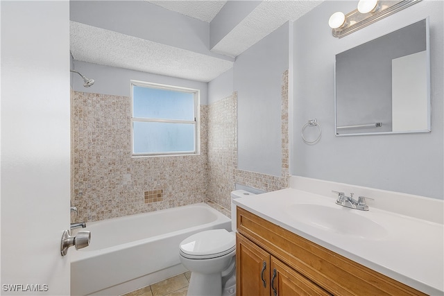 full bathroom with toilet, tile patterned flooring, vanity, a textured ceiling, and tiled shower / bath combo