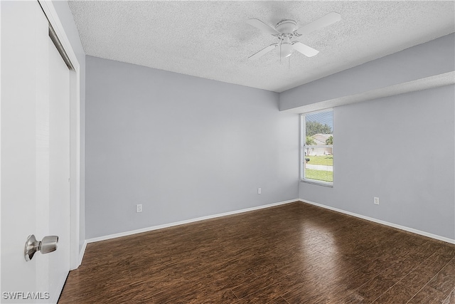 unfurnished room with a textured ceiling, ceiling fan, and hardwood / wood-style flooring