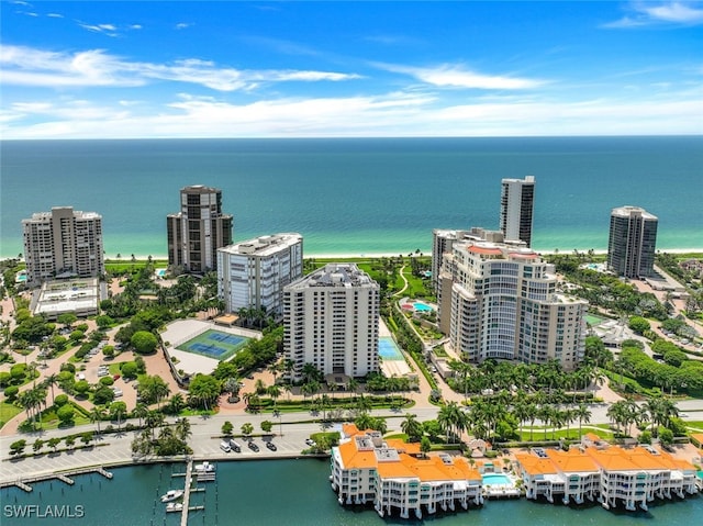 bird's eye view featuring a water view and a view of city