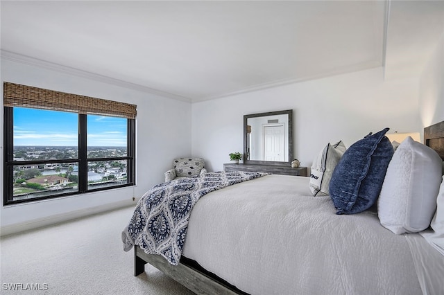 carpeted bedroom with baseboards and crown molding