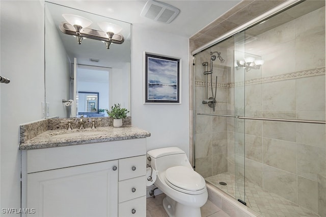 bathroom featuring visible vents, toilet, a shower stall, vanity, and tile patterned floors