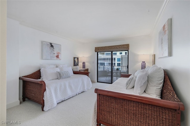 bedroom featuring crown molding, light carpet, baseboards, and access to exterior