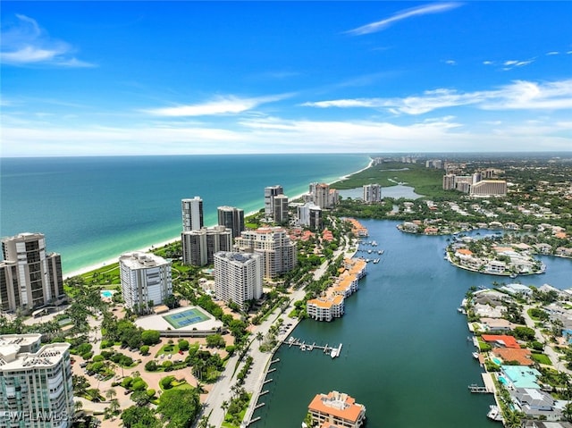 aerial view featuring a view of city and a water view