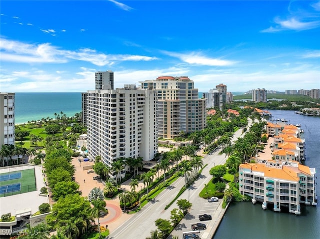 aerial view featuring a water view and a view of city