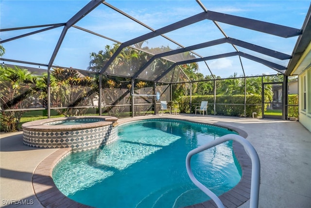 view of pool with a lanai, a patio, and an in ground hot tub