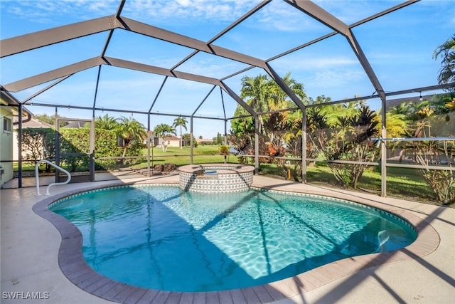 view of pool featuring a patio, glass enclosure, and an in ground hot tub