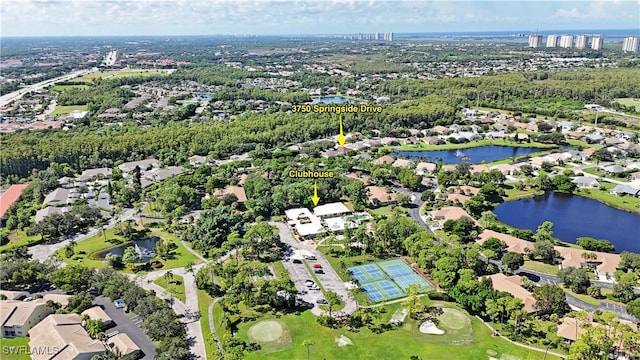 bird's eye view with a water view