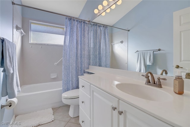 full bathroom featuring vanity, toilet, shower / tub combo with curtain, and tile patterned floors