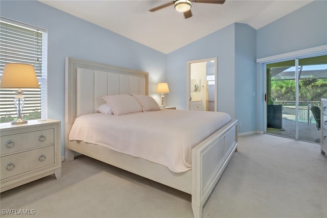 bedroom with light carpet, lofted ceiling, access to exterior, ceiling fan, and connected bathroom