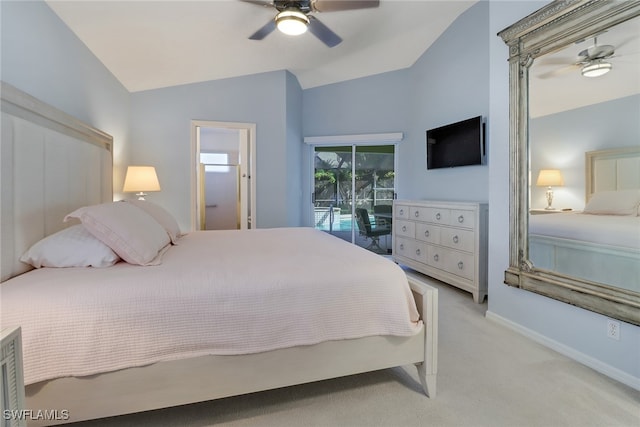 bedroom featuring vaulted ceiling, light colored carpet, access to exterior, and ceiling fan