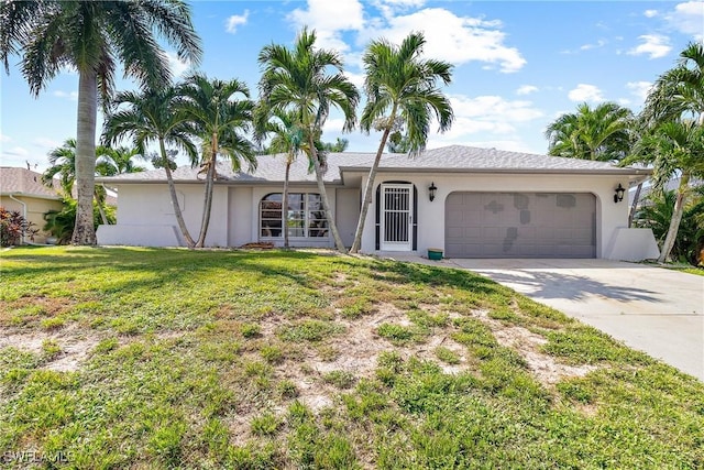 ranch-style home with a garage and a front yard