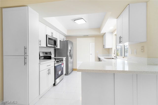 kitchen featuring a raised ceiling, kitchen peninsula, sink, appliances with stainless steel finishes, and white cabinets