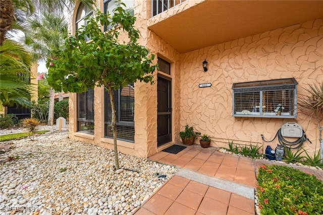 doorway to property with stucco siding