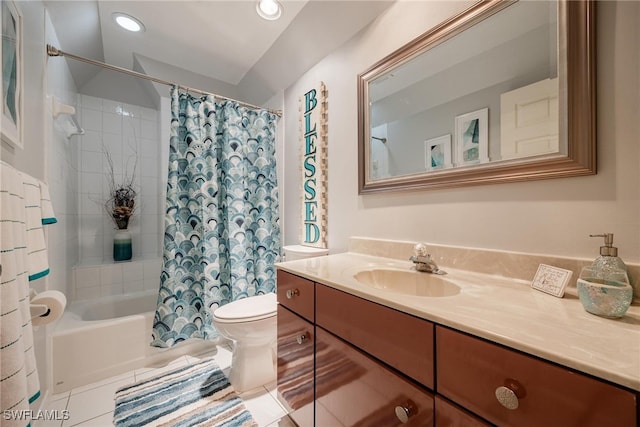 full bathroom with vanity, toilet, shower / tub combo, and tile patterned floors